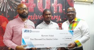 CARICOM Youth Farmer of the Year receives incentive of US $2,500 dollars from the Inter American Institute for Cooperation on Agriculture, IICA